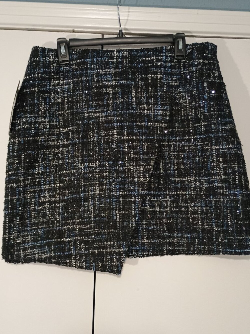 Bagatelle Collection Black Blue Silver Tweed Sequin Asymmetrical Mini Skirt NWT - Picture 3 of 10